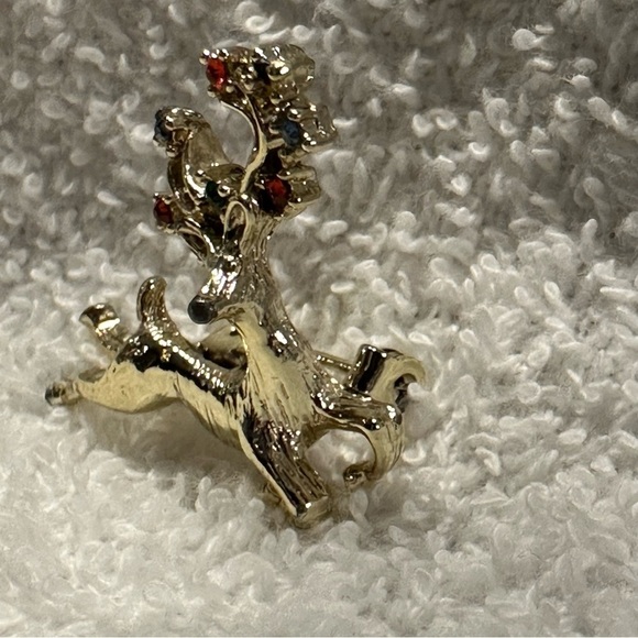 Vintage Gold Tone Reindeer Brooch Rhinestone Antlers Christmas - Picture 3 of 6